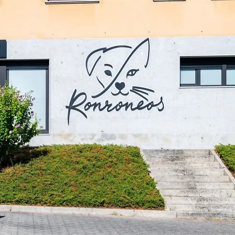 Fachada y acceso a la clínica veterinaria Ronroneos en Teo